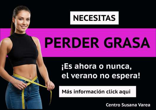 Flyer promocional del Centro Susana Varea: mujer joven midiendo su cintura con una cinta métrica, acompañada del texto "¿Necesitas perder grasa? ¡Es ahora o nunca, el verano no espera!". Estilo moderno con fondo negro y rosa, llamado a la acción para obte